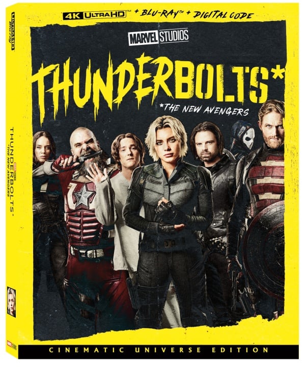 The cover of Marvel Studios' "Thunderbolts*" 4K Blu-ray shows six main characters in costume standing together, with the subtitle "The New Avengers.