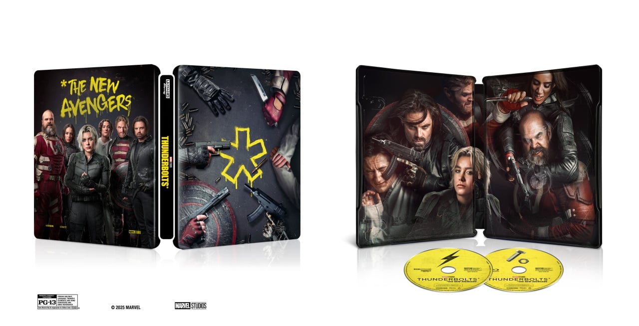 A DVD steelbook case for Marvel's "Thunderbolts," showing characters on the cover, inner artwork with the team, and two branded discs.
