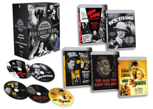 Box set and cases of "Alfred Hitchcock: The Early Years" featuring DVDs and covers for six classic Hitchcock films with their titles and artwork displayed.