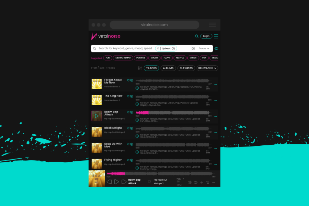 A music website interface displays a search bar, navigation tabs, and a list of music tracks with album art, titles, artists, and play buttons on a dark background.