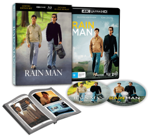 Limited edition set of "Rain Man" in 4K Ultra HD and Blu-ray, including two discs, a case, and a photo booklet featuring images from the movie.