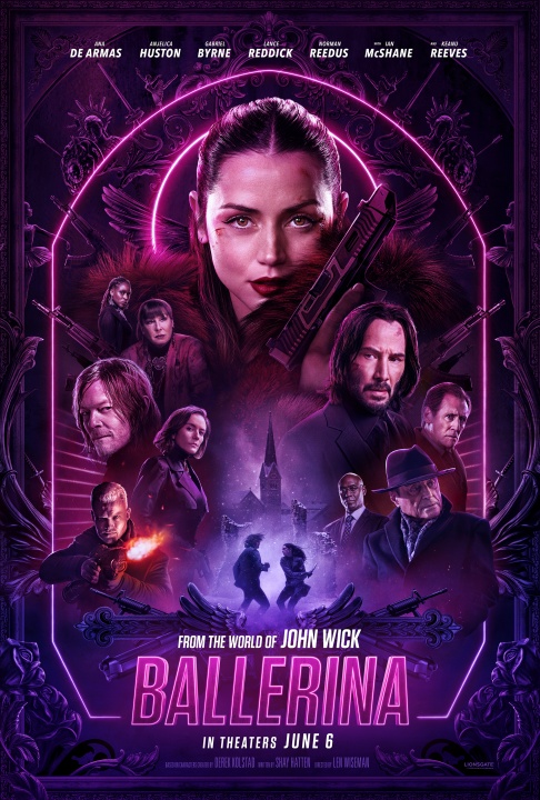 Poster for the movie "Ballerina" featuring a central female character with a gun, surrounded by other characters, neon pink and purple tones, and text indicating a June 6 release.