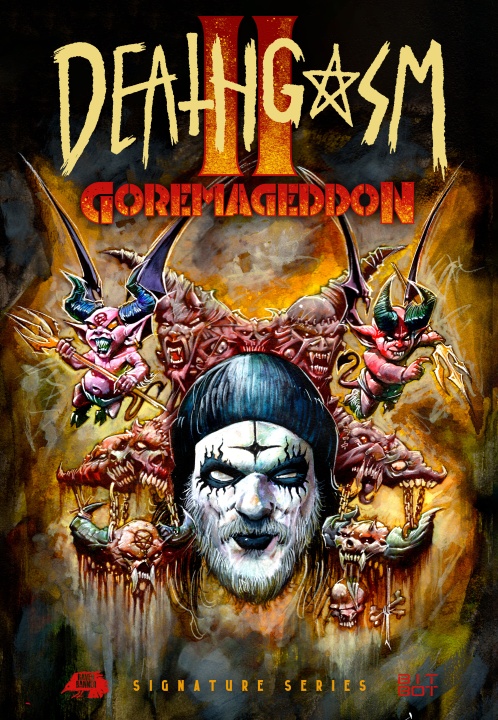 Poster for "Deathgasm II: Goremageddon" featuring a painted zombie face with demonic creatures and skulls, bold title text, and dark, chaotic background.