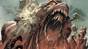 A giant, monstrous creature with sharp teeth and glowing eyes destroys buildings and trees as it roars.