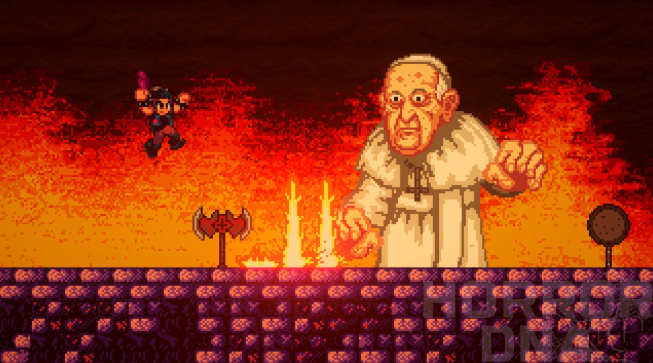 Pixel art scene of a video game boss battle with a giant robed man and a smaller armed character against a fiery background.