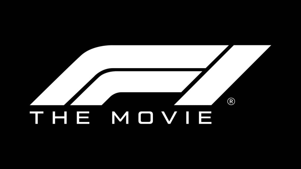 White "F1 THE MOVIE" logo on a black background, using bold, stylized text and the official Formula 1 graphic symbol above the words.