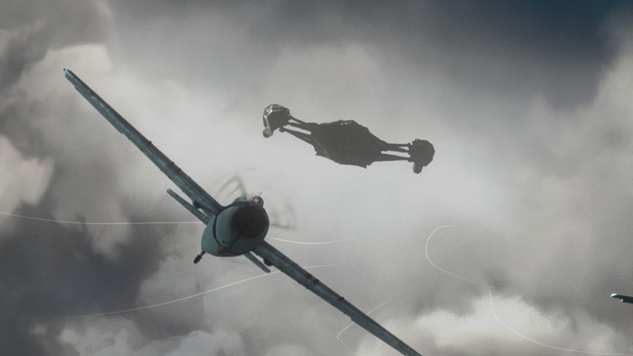 A propeller plane flies in the foreground while a large, fictional spacecraft is seen in the cloudy sky behind it.