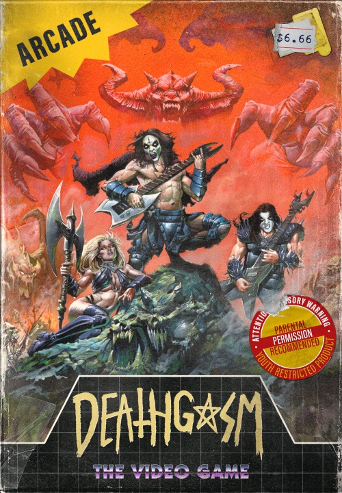 Retro-style video game cover showing three heavy metal characters with weapons, a demon above them, and text reading "DEATHGASM: THE VIDEO GAME" with various warning labels and an arcade price sticker.