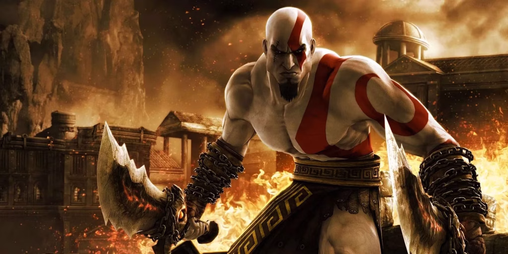 Muscular warrior with pale skin, red markings, and holding large blades stands amid ancient burning ruins, wearing Greek-style armor.