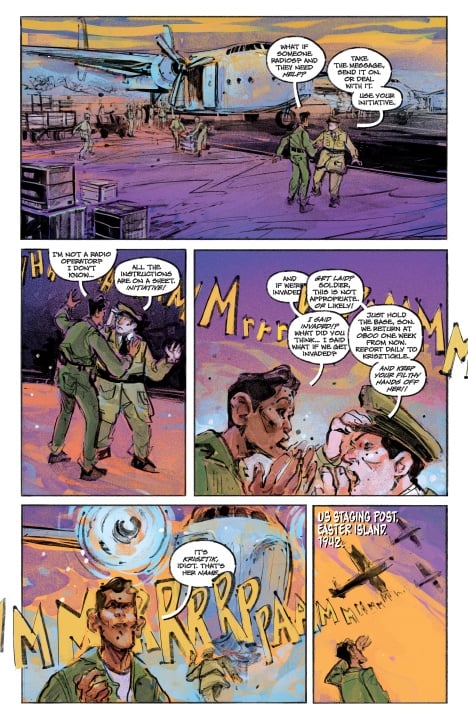 Soldiers converse and prepare for action amid loud noises near a military aircraft at a US staging post on Easter Island in 1942, depicted in a colorful comic book style.