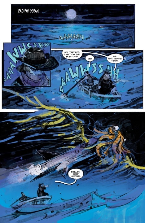 Two people in boats on a moonlit ocean see a glowing, cloaked figure in the water. One points toward it, and the figure says, "Follow. This way.
