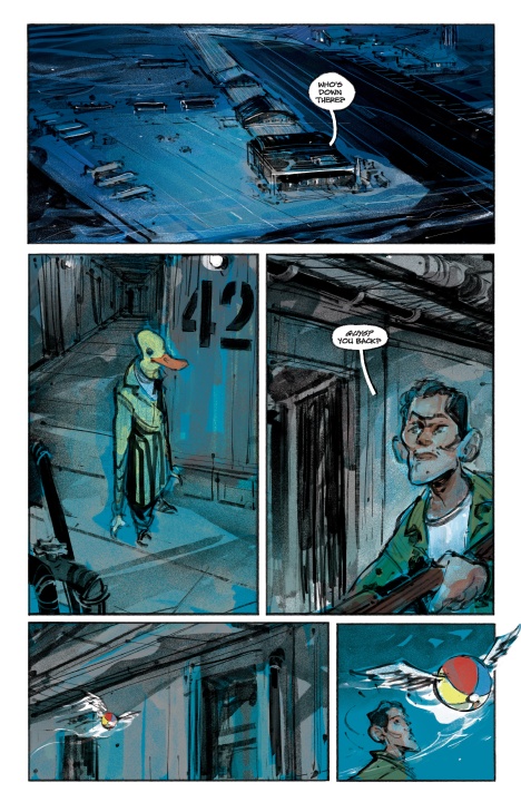 A comic page shows an aerial view of a building at night, a duck-headed figure in a robe by door 42, a man with a gun, and a flying character with a red-and-yellow helmet.