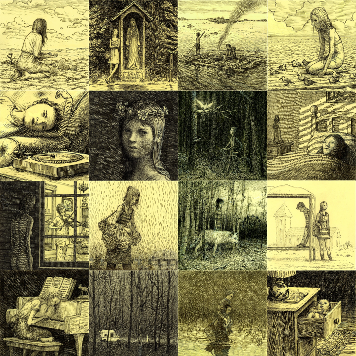 A grid of sixteen detailed, sepia-toned illustrations depicting various scenes and characters, including children, animals, nature, and domestic environments.