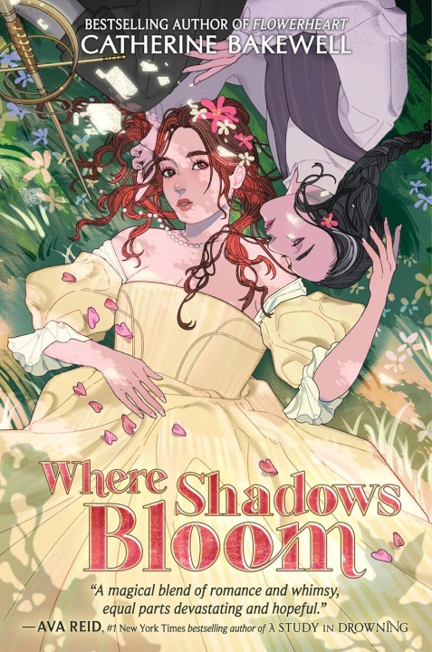 Illustrated book cover shows two women, one in a yellow dress with flowers in her hair, and another with purple hair upside down, surrounded by leaves and petals. Title: "Where Shadows Bloom.