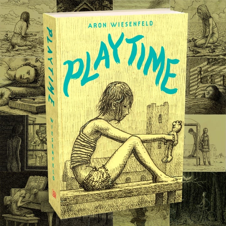 A book titled "Playtime" by Aron Wiesenfeld featuring a drawing of a child sitting on a bench holding a toy, with illustrated scenes in the background.