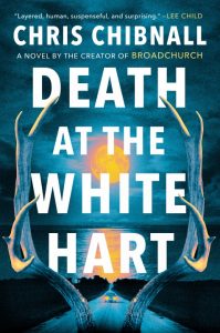 Book cover for "Death at the White Hart" by Chris Chibnall, featuring large text, antlers framing a road, and an orange sun setting over water.