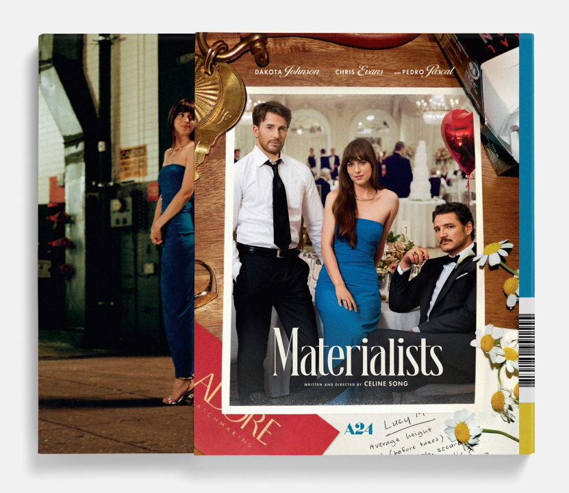 Poster for the film "Materialists" shows three people in formal attire, with the woman in a blue dress seated between two men in suits; various objects and photos frame the image.