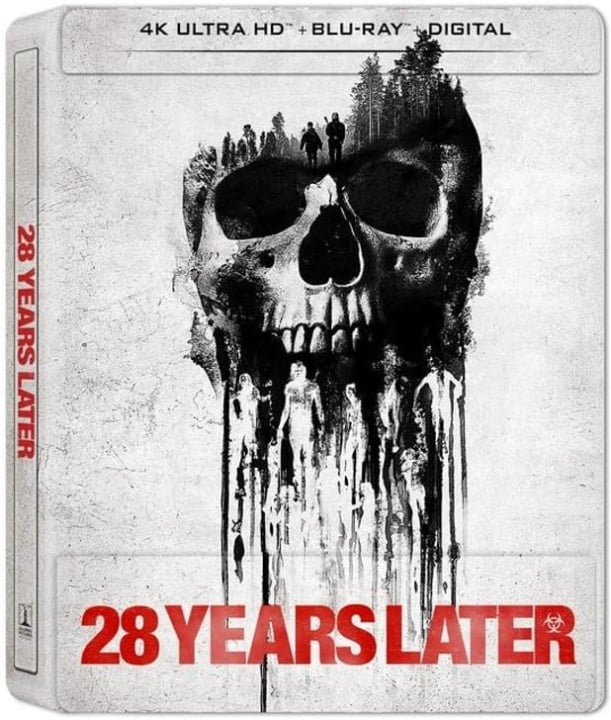 The cover of "28 Years Later" 4K Ultra HD Blu-ray shows a skull formed by dark silhouettes and figures, with the title in bold red text at the bottom.