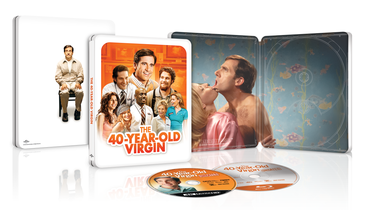 A SteelBook edition of "The 40-Year-Old Virgin" is shown, featuring the case, Blu-ray disc, and cover art with the main cast, including Steve Carell.