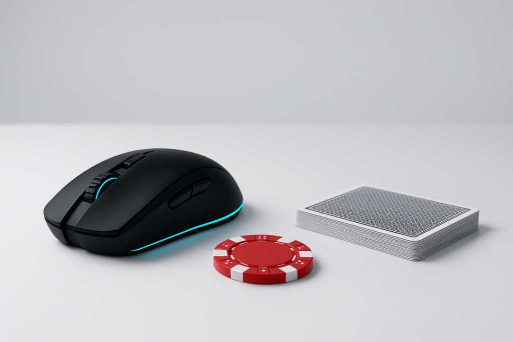 A black gaming mouse, a red poker chip, and a stack of playing cards are arranged on a white surface.