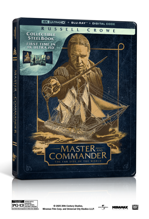 Blu-ray steelbook cover for "Master and Commander: The Far Side of the World" featuring Russell Crowe with a sword, promoting 4K Ultra HD and collectible packaging.