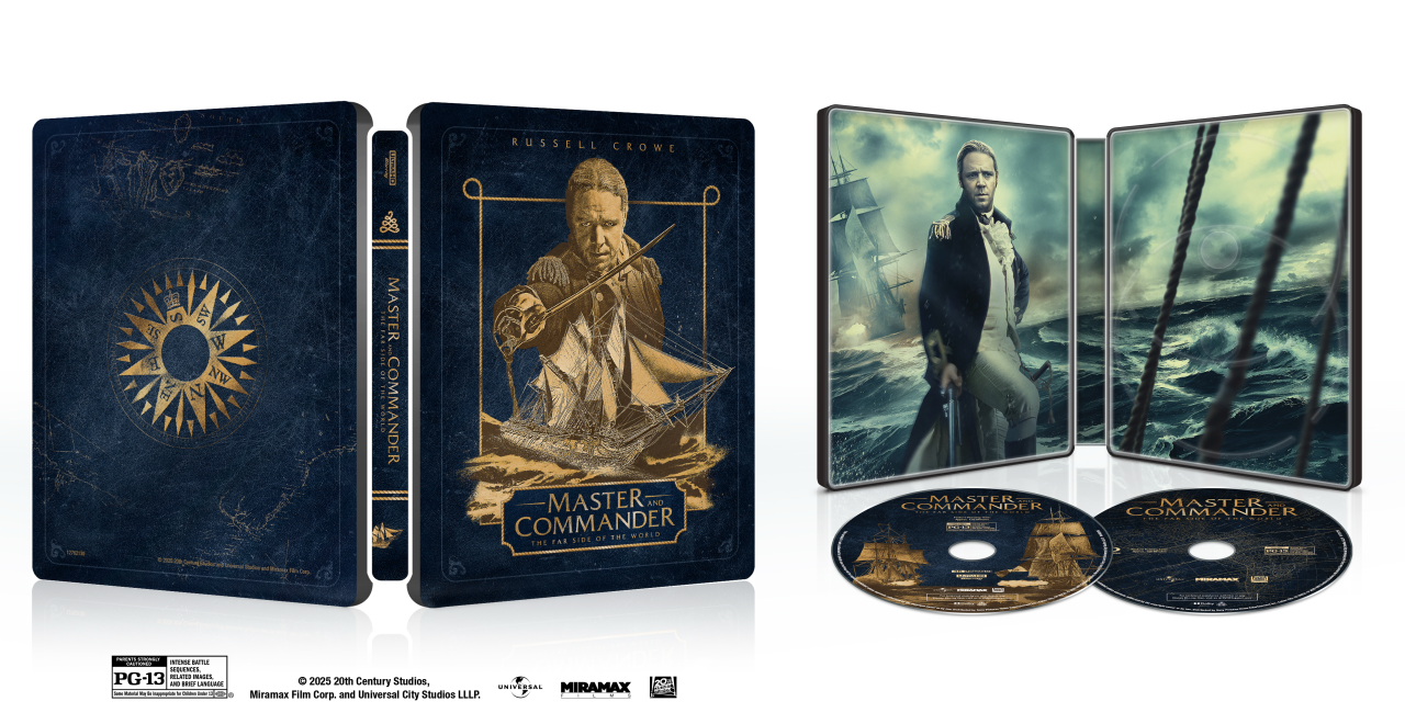 Blu-ray steelbook set of "Master and Commander: The Far Side of the World," showing the case, cover art, interior artwork, and two discs with nautical themes and Russell Crowe’s character.