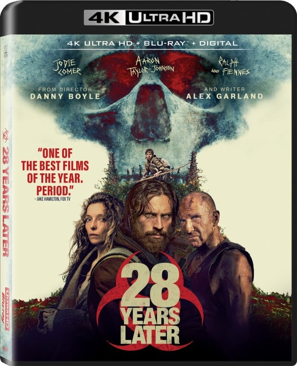 A 4K Ultra HD Blu-ray cover for "28 Years Later" featuring three characters in front of a large red skull graphic, with critical praise and film credits visible.