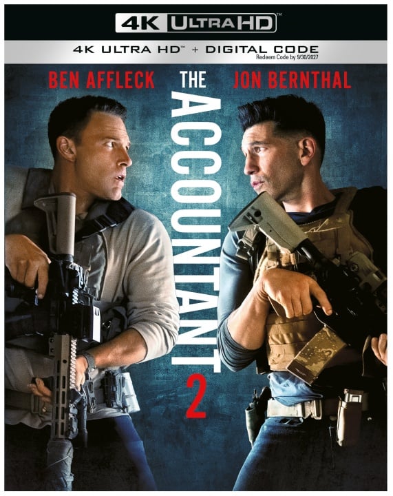 Two armed men face each other tensely on the cover of "The Accountant 2" 4K Ultra HD edition, featuring Ben Affleck and Jon Bernthal.