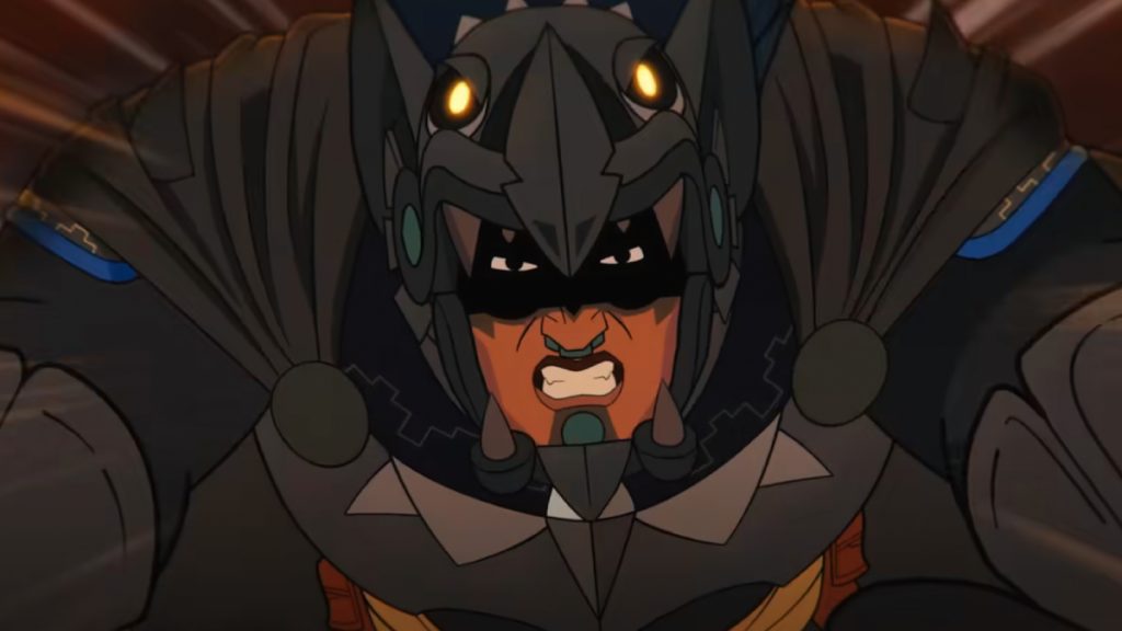 Animated character in elaborate, dark armor with glowing yellow eyes on the helmet, gritting teeth and reaching forward in an intense action scene.