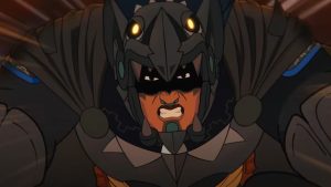 Animated character in elaborate, dark armor with glowing yellow eyes on the helmet, gritting teeth and reaching forward in an intense action scene.