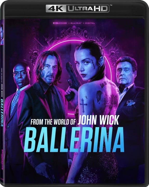 4K Ultra HD Blu-ray cover for "Ballerina," featuring four characters with intense expressions and neon purple lighting. Text reads "From the world of John Wick: Ballerina.