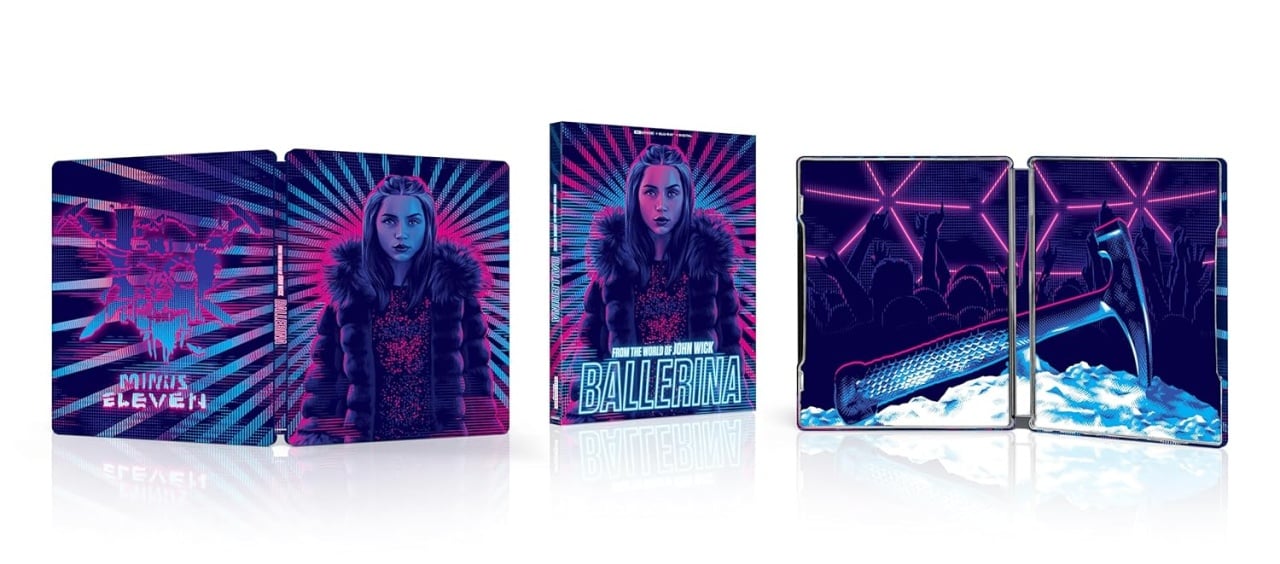 A limited edition steelbook for "Ballerina" featuring stylized neon artwork of a woman in a fur-collared coat and a high-heeled shoe on snow, with “John Wick Presents” text.