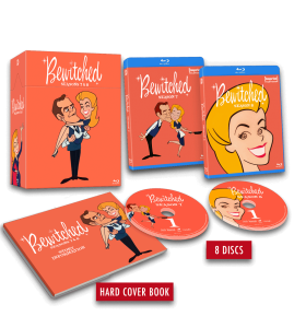 Box set of "Bewitched" Seasons 7 & 8 shown with Blu-ray cases, 8 discs, and a hardcover book, all featuring cartoon-style cover art of the main characters.