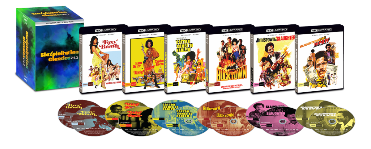 Box set titled “Blaxploitation Classics Vol. 2” with seven movie cases featuring vibrant posters and corresponding DVDs arranged in front of the cases.