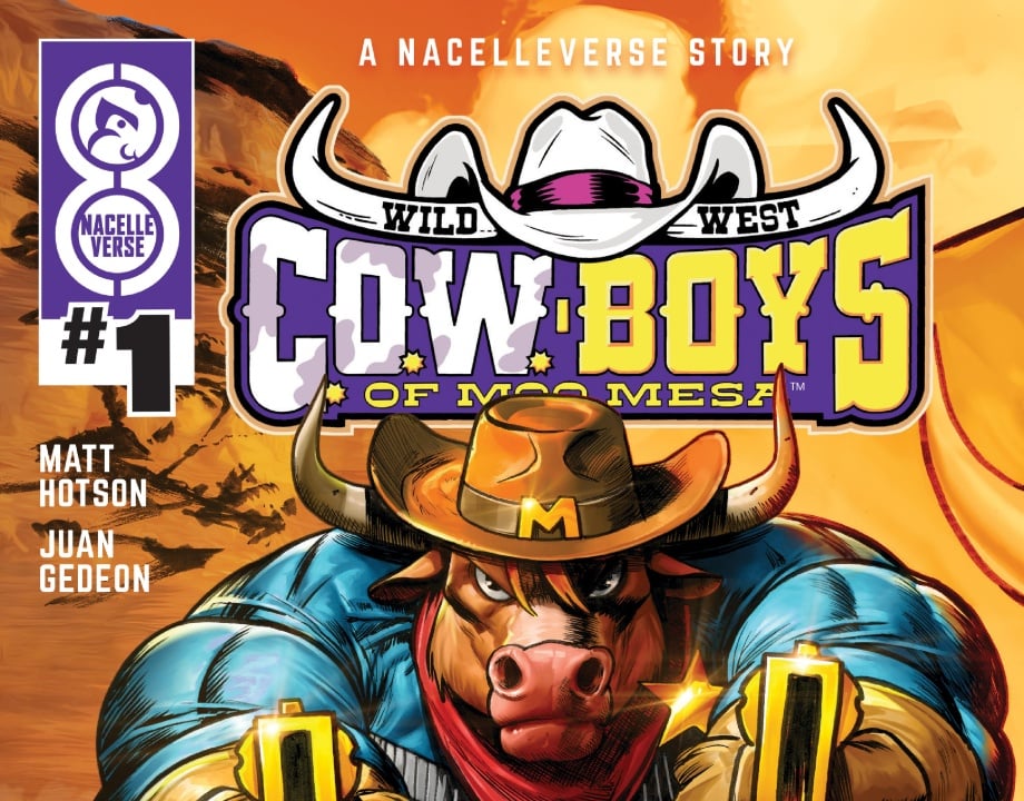 Comic book cover titled "Cowboys of Moo Mesa #1" featuring an anthropomorphic bull dressed as a cowboy holding two pistols, with bold yellow and purple lettering.