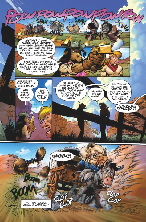A comic page shows a cowboy shooting at a wagon from a ridge, a woman and child ducking inside, and a man urgently driving the wagon while shouting as bullets hit and dust flies.