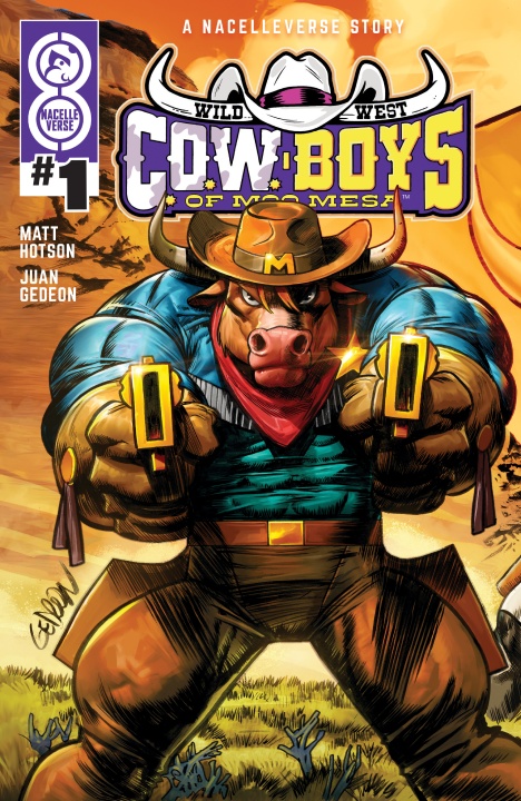 Comic book cover showing an anthropomorphic bull dressed as a cowboy, dual-wielding pistols, with the title "Cowboys of Mesa: Wild West" and issue number 1.