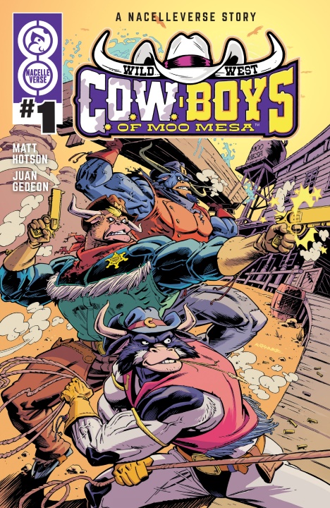 Comic book cover featuring three anthropomorphic cowboy cattle in action poses, with a western town background and the title "Wild West C.O.W.-Boys of Moo Mesa #1.