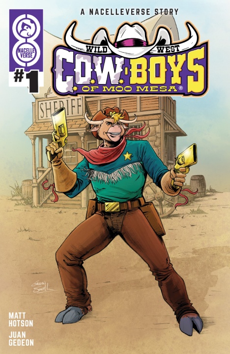 Comic book cover shows an anthropomorphic cow sheriff with two pistols in a Western town setting, titled "Wild West C.O.W.-Boys of Moo Mesa #1.
