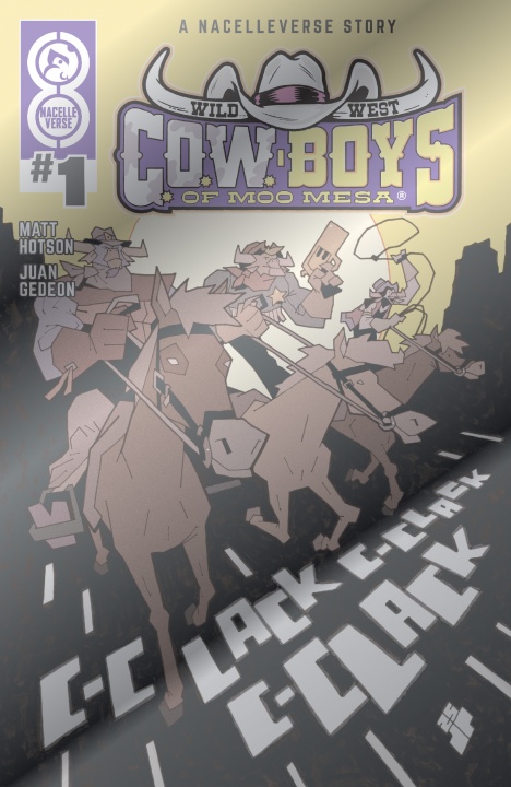 Comic book cover for "Wild West C.O.W.-Boys of Moo Mesa #1" featuring three anthropomorphic cowboys riding horses, with stylized text and a purple background.