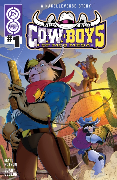 Comic book cover titled "Wild West C.O.W.-Boys of Moo Mesa #1" showing anthropomorphic cows dressed as cowboys in a desert setting with cacti and mountains.