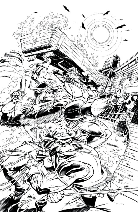 A dynamic black and white illustration depicts masked cowboys in a gunfight on a Western street, with horses, bullets flying, and an intense action scene.