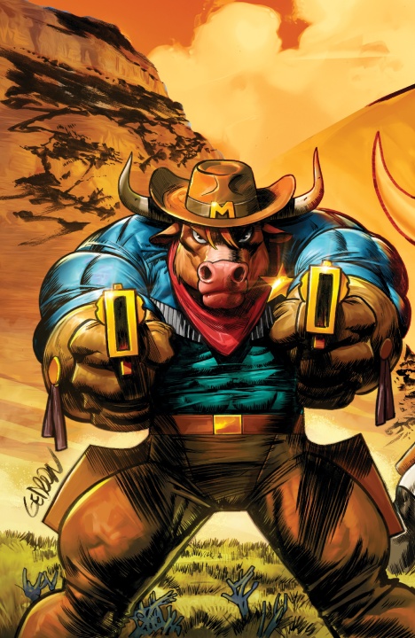 A muscular anthropomorphic bull dressed as a cowboy points two pistols forward, wearing a hat, red bandana, and sheriff's badge in a desert landscape.
