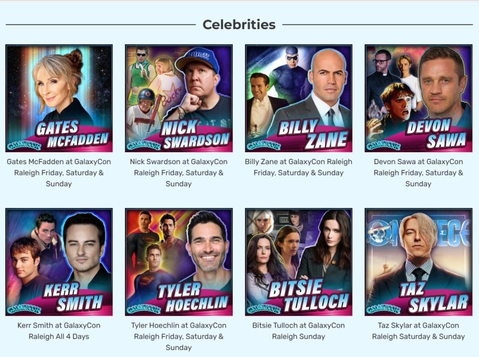 A grid of eight celebrity promo images for GalaxyCon Raleigh, featuring Gates McFadden, Nick Swardson, Billy Zane, Devon Sawa, Kerr Smith, Tyler Hoechlin, Bitsie Tulloch, and Taz Skylar.