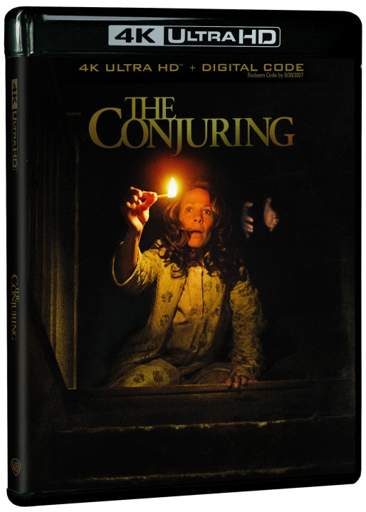 A 4K Ultra HD DVD case for "The Conjuring" shows a woman holding a lit match in a dark room, looking up with a fearful expression.