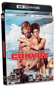 4K Ultra HD Blu-ray cover of the film "Convoy," featuring Kris Kristofferson and Ali MacGraw with trucks and explosions in the background.