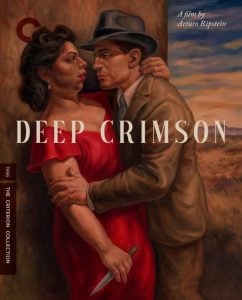 A woman in a red dress holds a knife behind her back while a man in a suit and hat embraces her; text reads "Deep Crimson, a film by Arturo Ripstein.