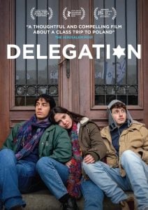 Three young adults in winter clothing sit on stone steps in front of large wooden doors. The film title "Delegation" and festival accolades appear above them.