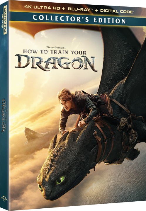 Blu-ray cover of "How to Train Your Dragon" Collector's Edition, showing a boy riding a dragon in flight against a cloudy sky.