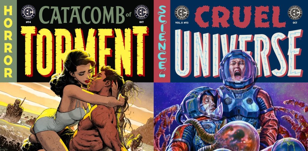 Split comic book covers: left shows a woman clinging to a wounded man on a beach titled "Catacomb of Torment"; right depicts astronauts screaming, titled "Cruel Universe.